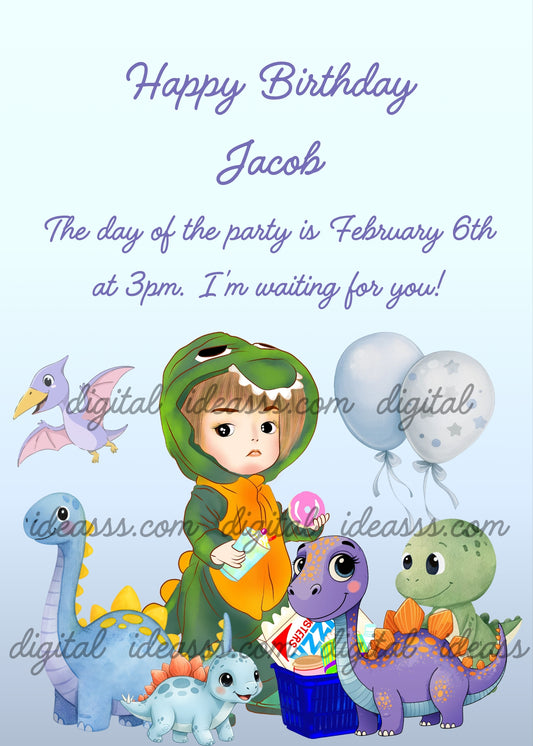 Sweet boy in green dinosaur costume holding a pink ball, surrounded by colorful kawaii toy dinosaurs, a purple pterodactyl, grey balloons and a soft light blue gradient background — birthday card for boys aged 5 to 10 