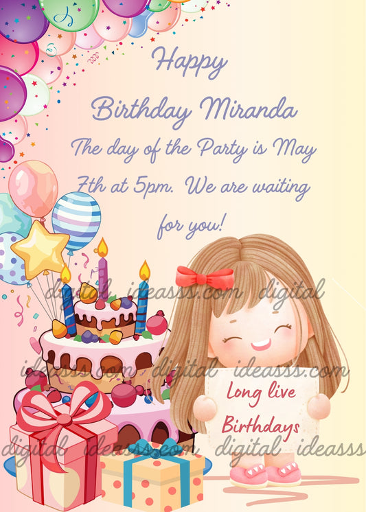 Sweet kawaii girl with long brown hair and red bow, smiling and holding a sign, surrounded by a tall decorated birthday cake with candles, colorful balloons, confetti, and gift boxes on a soft pastel pink and yellow background — birthday card for girls aged 1 to 12