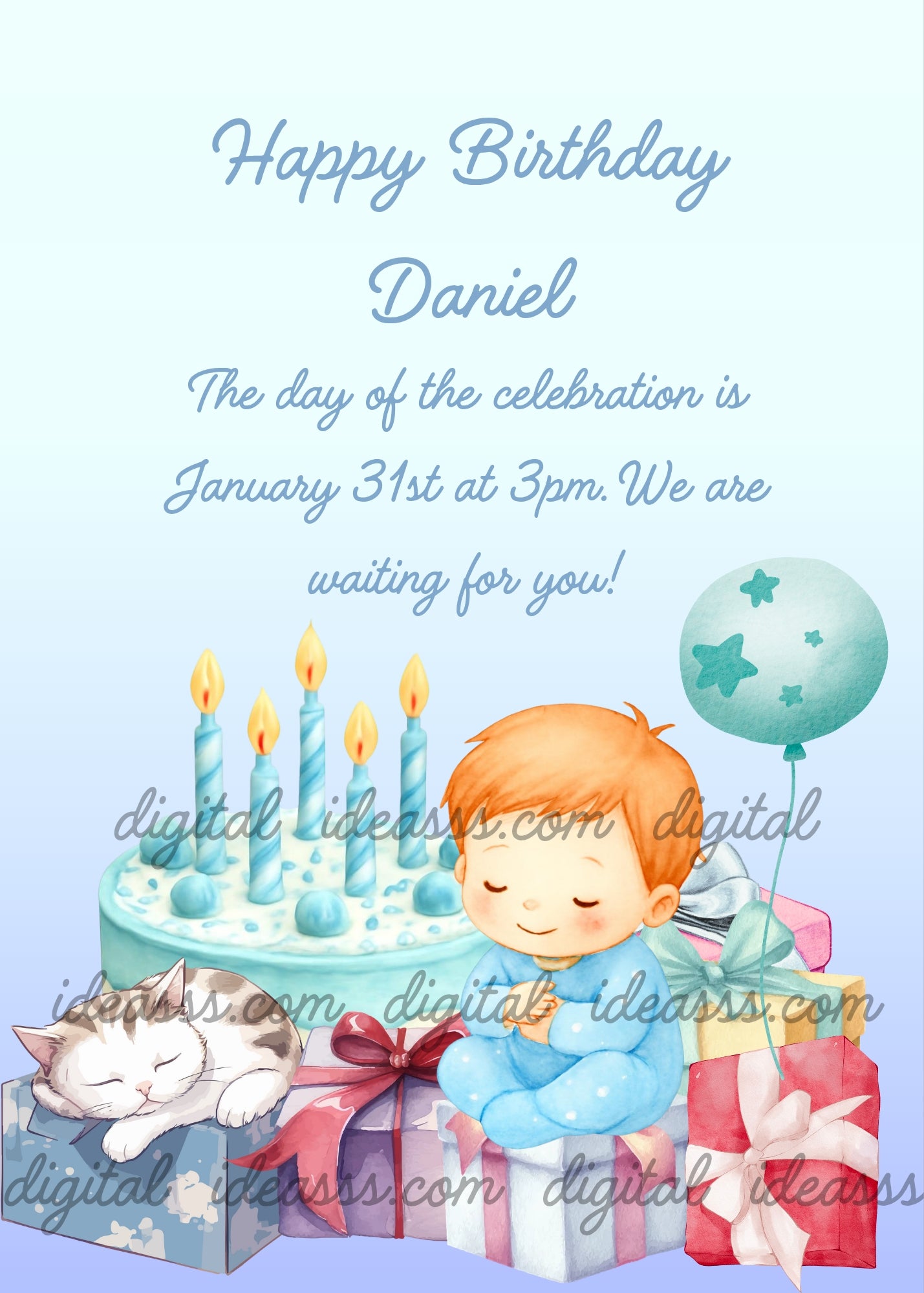 A sweet toddler in a light blue pajama sitting on colorful gift boxes next to a blue birthday cake with candles, a sleeping kitten, and wrapped presents with bows on a soft pastel blue gradient background — birthday card for children aged 1 to 9