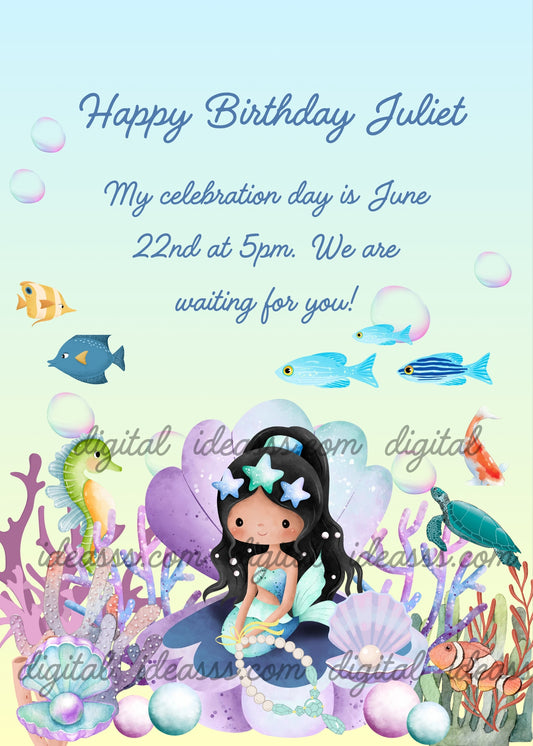  Little mermaid with black hair and blue starfish sitting in a lilac shell, yellow seahorse, colorful fish, green turtle, lilac corals and pink pearls underwater — birthday card for girls aged 1 to 10