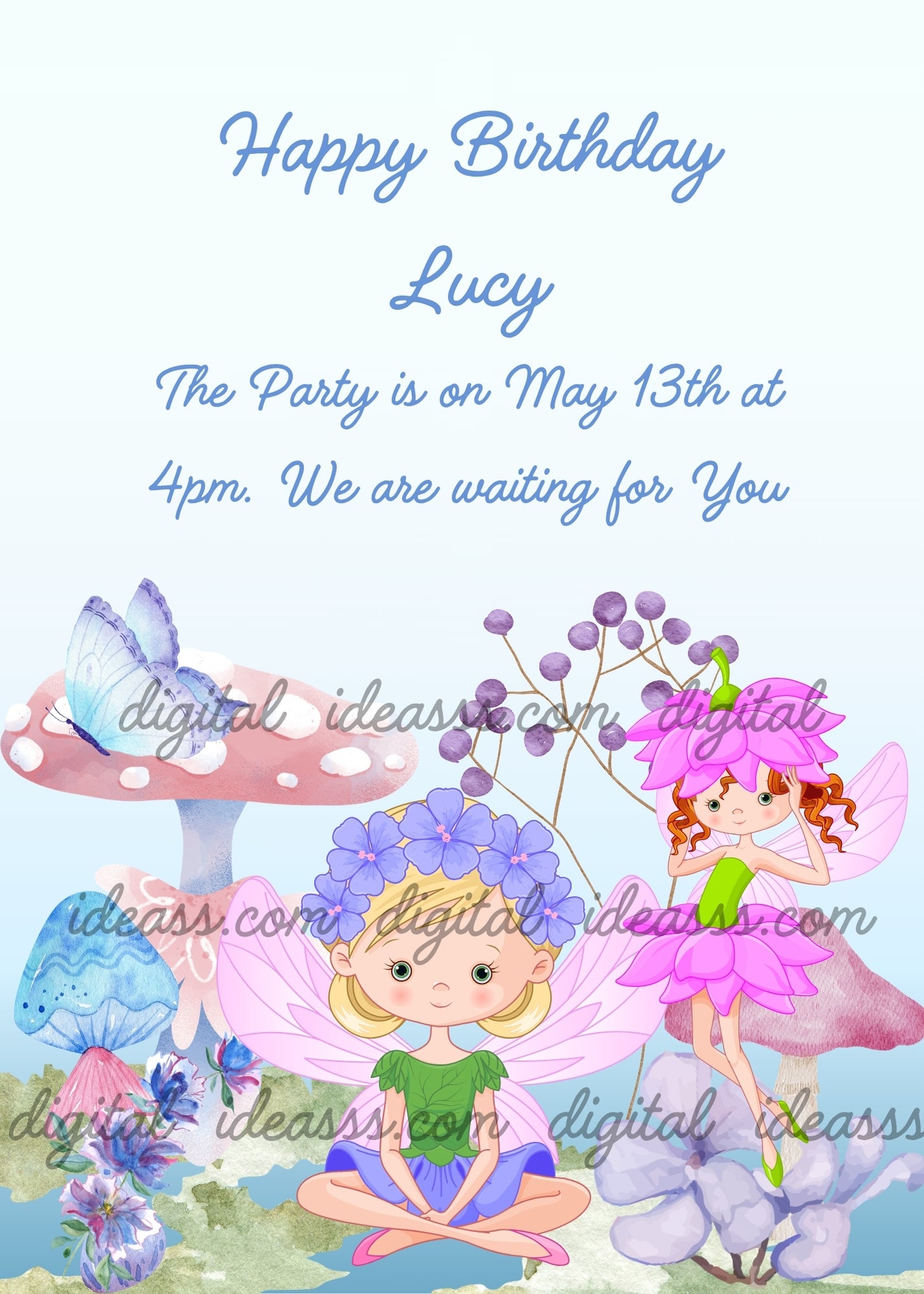 Two cute fairies among pink mushrooms a blonde fairy with a purple flower crown sitting and a red haired fairy in pink on a soft blue background — printable birthday card for girls ages 8 to 14