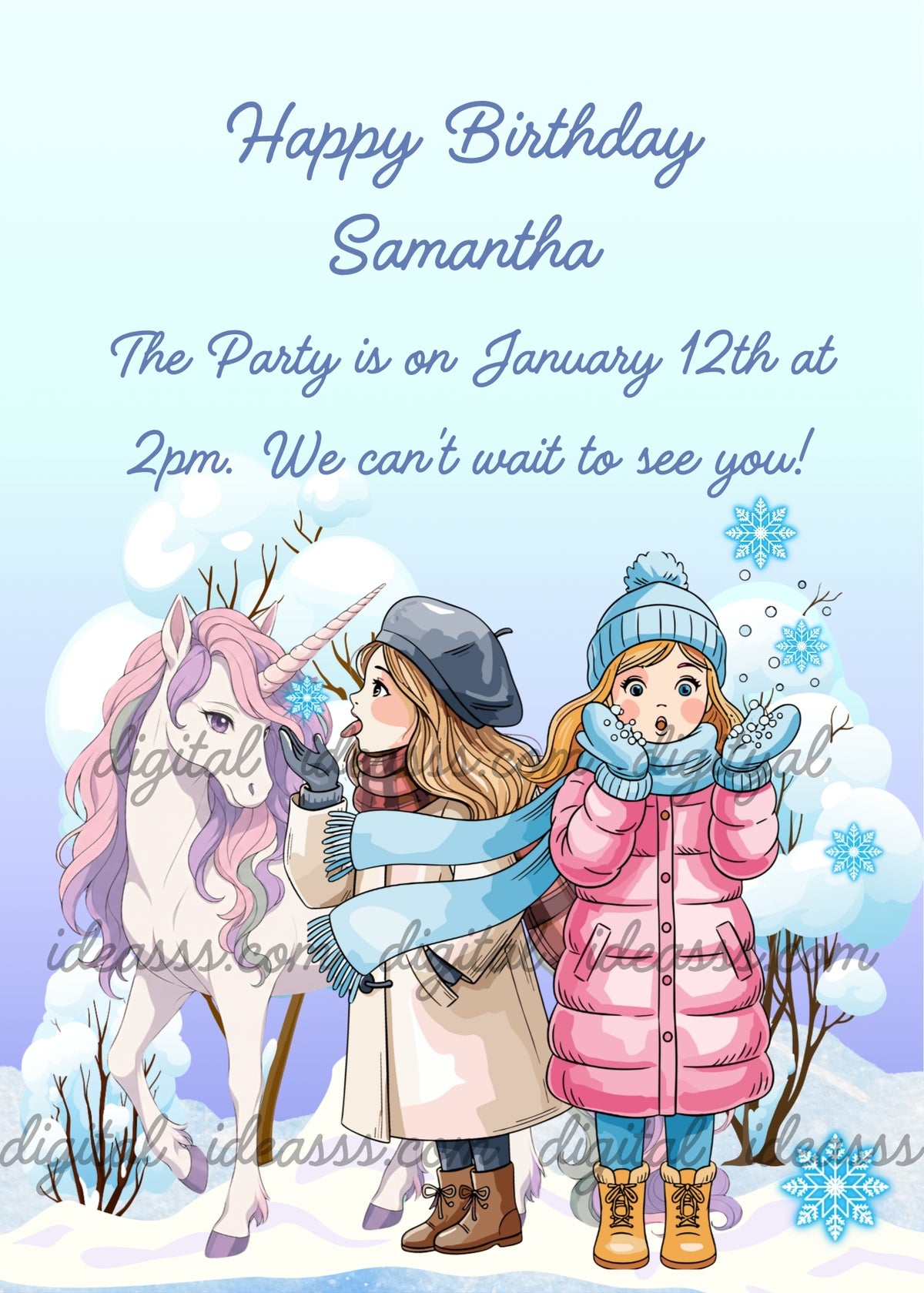 Two girls playing with snowflakes as a white unicorn with a pink and lilac mane approaches in a snowy forest, one girl catching snow with her tongue and the other holding up her mittens - printable birthday card for girls aged 6 to 12