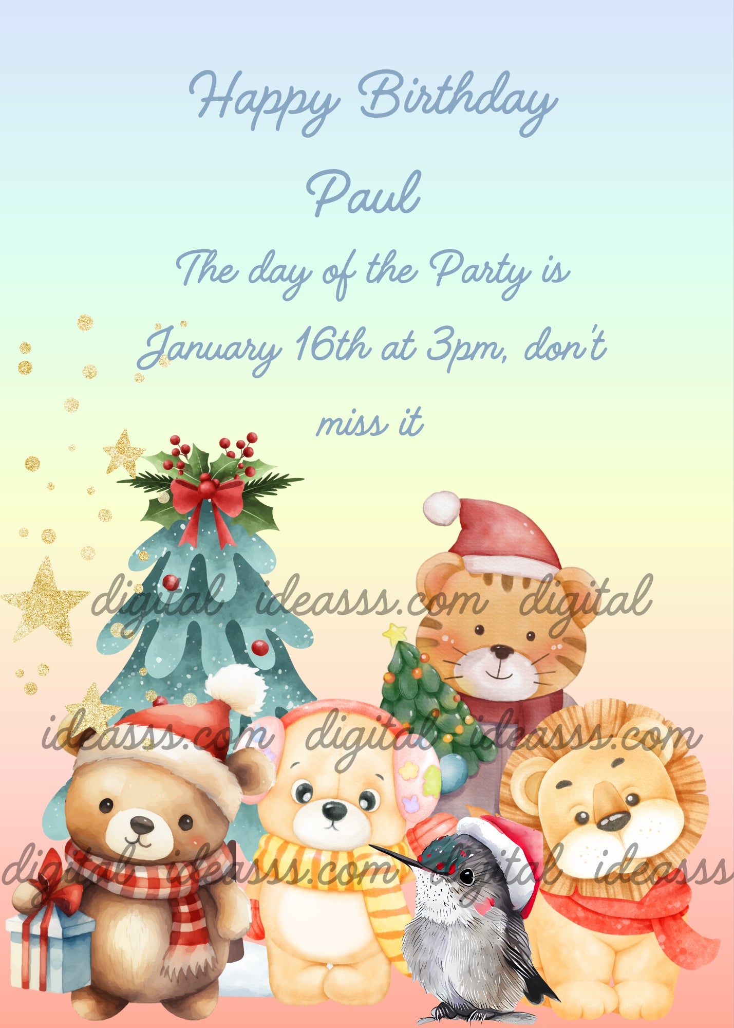 Cute bear with Santa hat and scarf, small bear in yellow sweater, tiger with Santa hat, lion with red scarf and a little bird with Santa hat gathered around a Christmas tree with gold stars on a soft pastel gradient background — birthday card for children aged 1 to 9