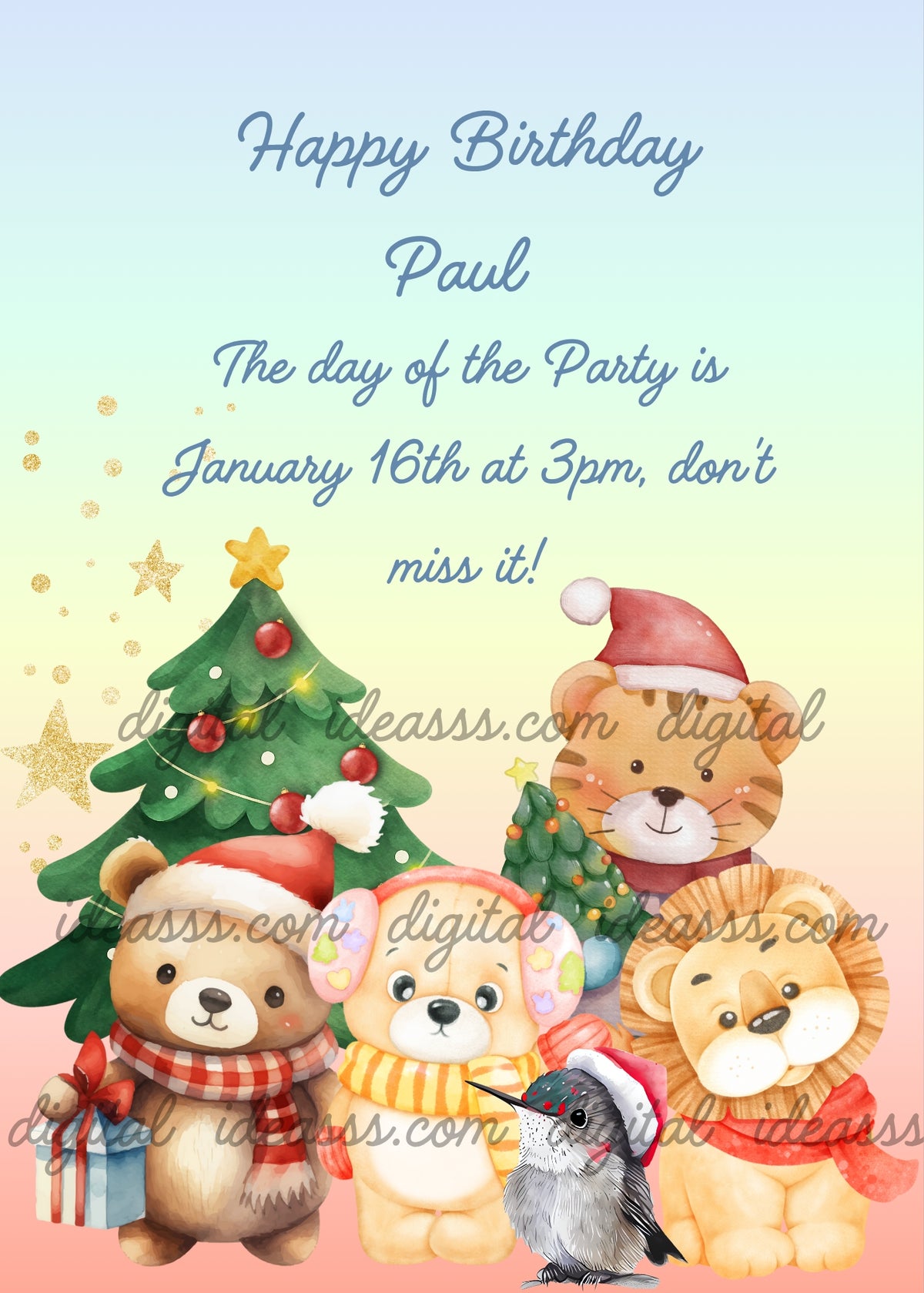  Brown bear with Santa hat checkered scarf and blue gift, cream bear with orange ear muffs and yellow scarf, orange tiger cub with Santa hat, lion with red scarf, gray bird with Santa hat, watercolor Christmas tree with red ornaments and golden star, golden glitter stars, warm sunset background in pink peach and yellow — Christmas card for children aged 1 to 9