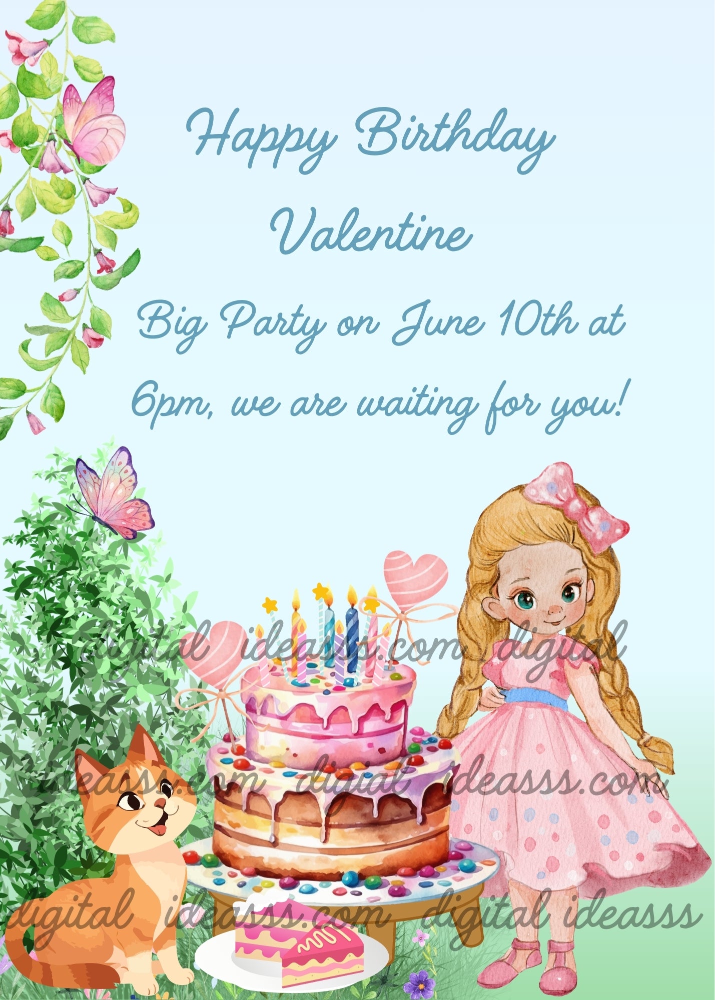 A blonde girl in a pink dress with an orange kitten and a colorful birthday cake with butterflies and pink flowers — printable birthday card for girls 5-14