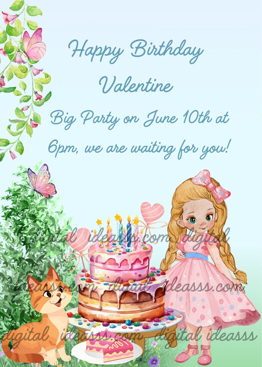 A blonde girl in a pink dress with an orange kitten and a colorful birthday cake with butterflies and pink flowers — printable birthday card for girls 5-14