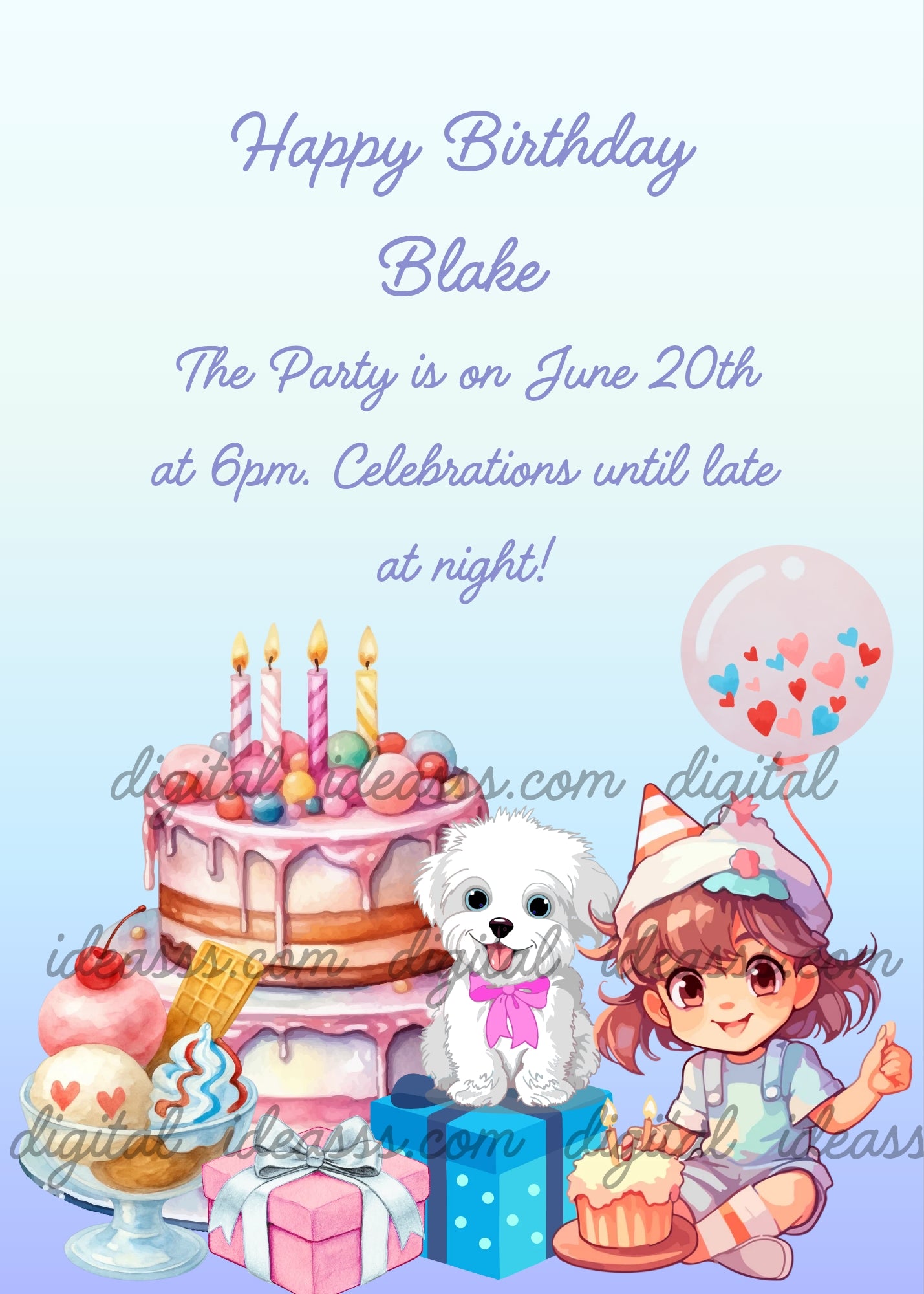 Cheerful cartoon girl wearing a party hat giving a thumbs up, sitting next to a fluffy white dog with a pink bow, surrounded by a tall pink drip cake with candles, colorful gift boxes, ice cream sundae, and a transparent balloon with hearts on a soft light-blue gradient background — birthday card for children aged 7 to 14