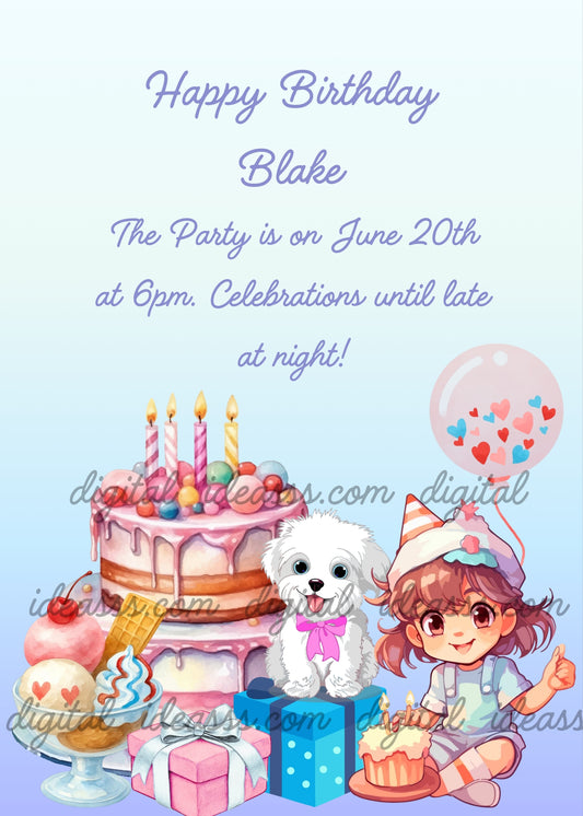 Cheerful cartoon girl wearing a party hat giving a thumbs up, sitting next to a fluffy white dog with a pink bow, surrounded by a tall pink drip cake with candles, colorful gift boxes, ice cream sundae, and a transparent balloon with hearts on a soft light-blue gradient background — birthday card for children aged 7 to 14