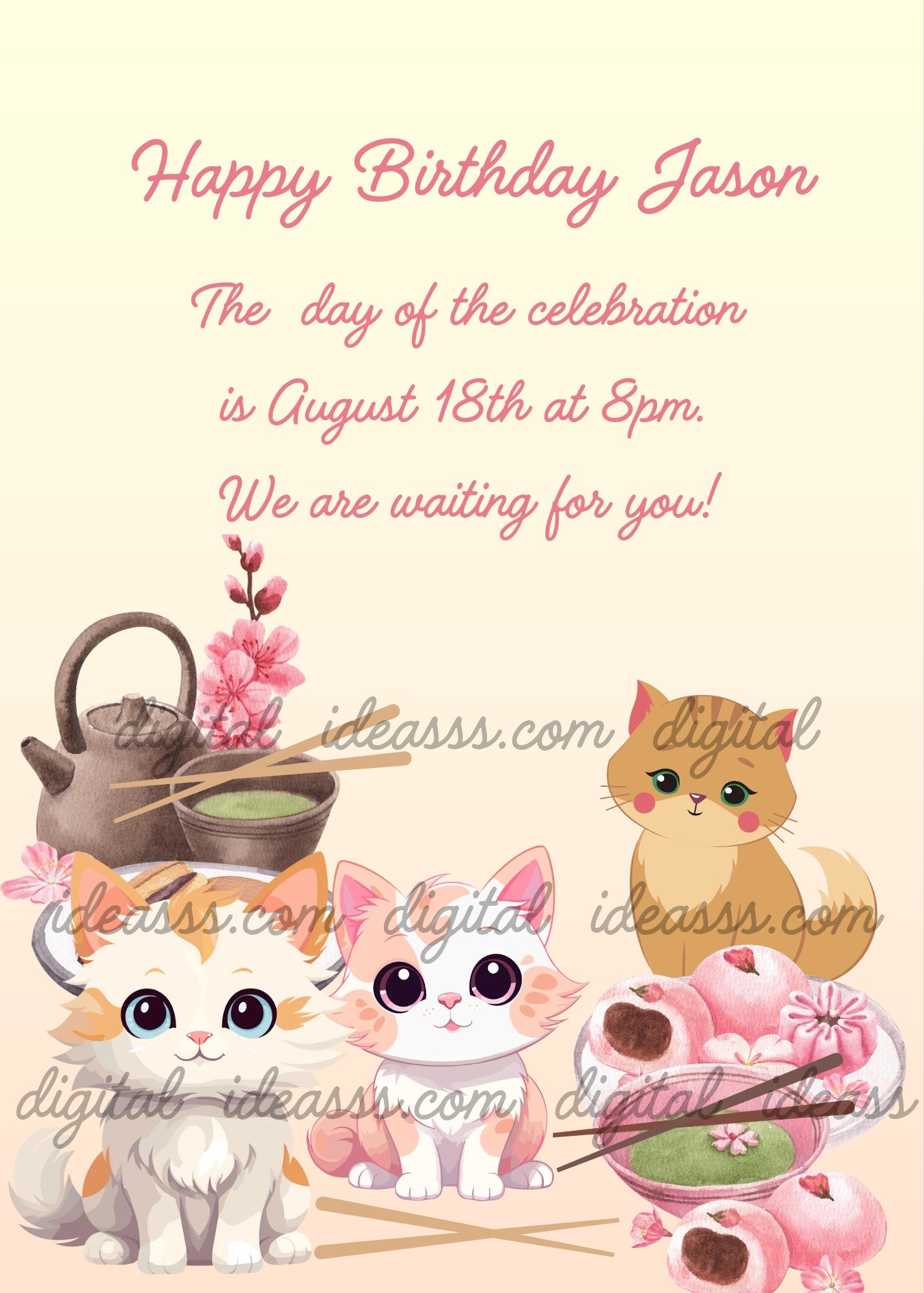 Three kawaii kittens celebrate with a Japanese tea ceremony, matcha, mochi sweets and cherry blossoms - printable birthday card for kids 5-12