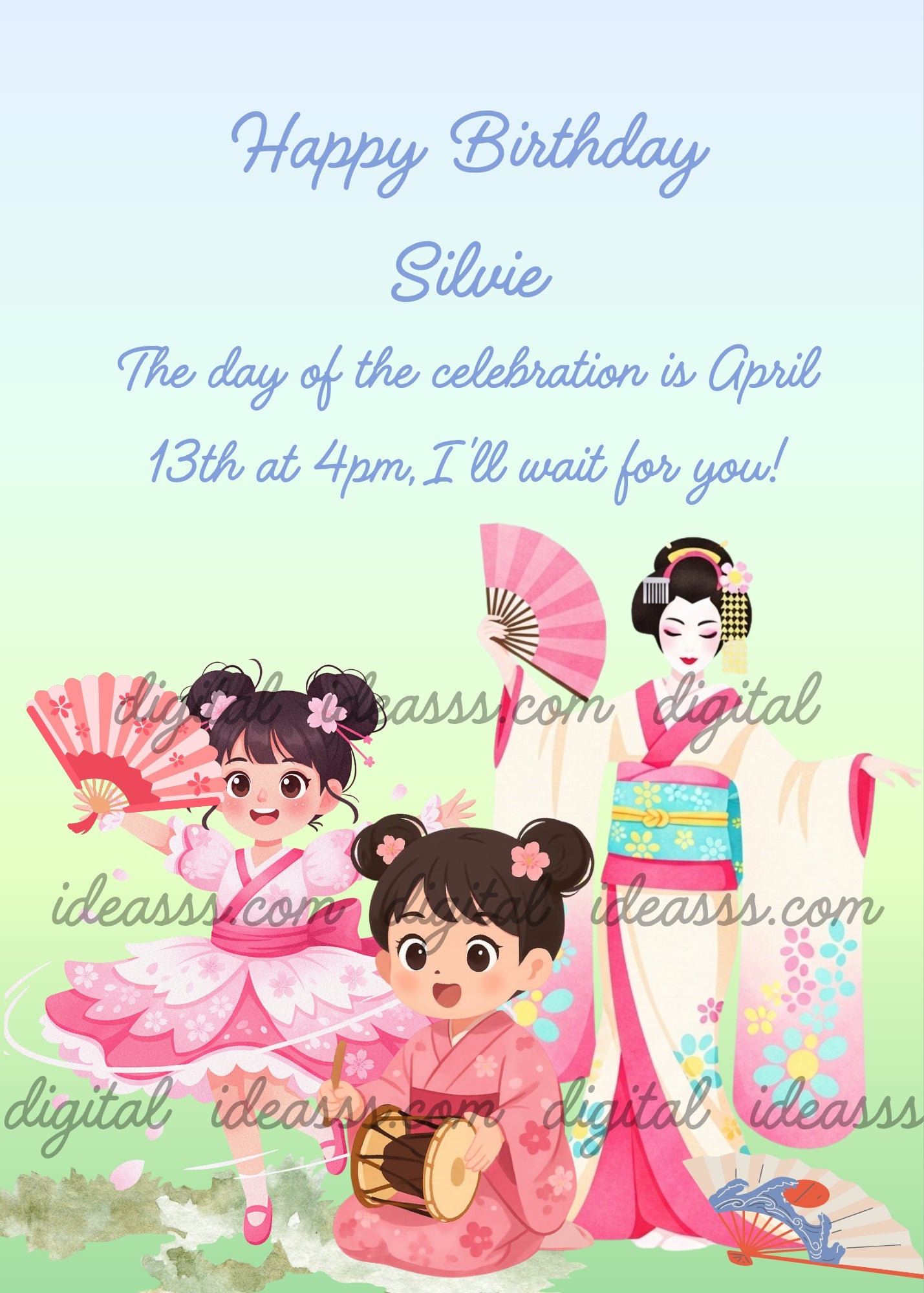  Three Japanese girls in pink kimono dancing with fans, one playing a drum, on a soft green pastel background — birthday card for girls 6-13