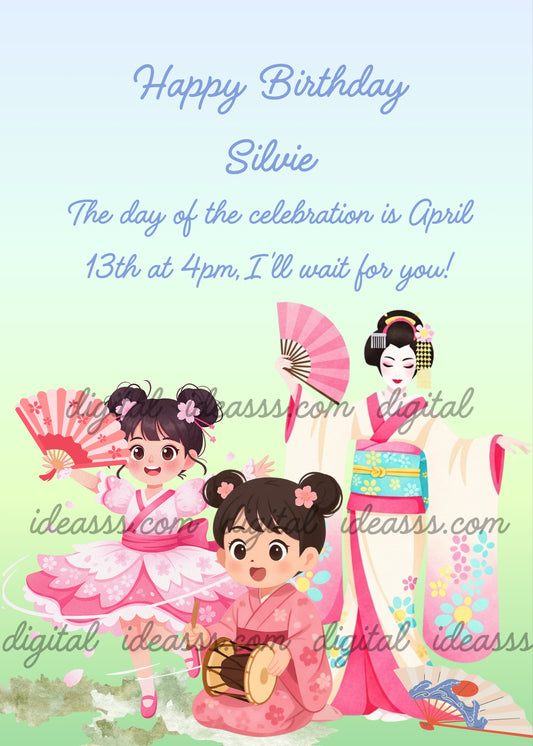  Three Japanese girls in pink kimono dancing with fans, one playing a drum, on a soft green pastel background — birthday card for girls 6-13