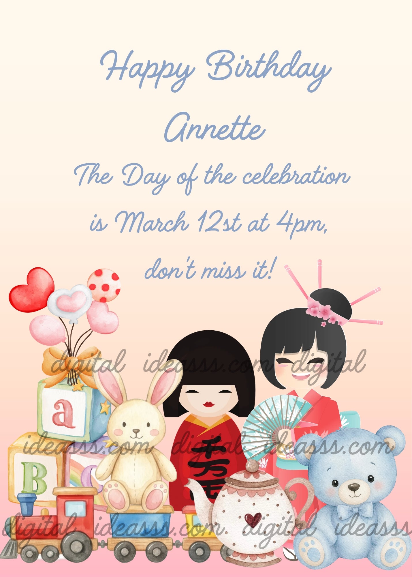 Two cute kawaii Japanese dolls, one holding a fan, with a white bunny, a blue teddy bear, a wooden toy train, alphabet blocks, a teapot and heart balloons on a soft peach gradient background — birthday card for girls aged 5 to 12 