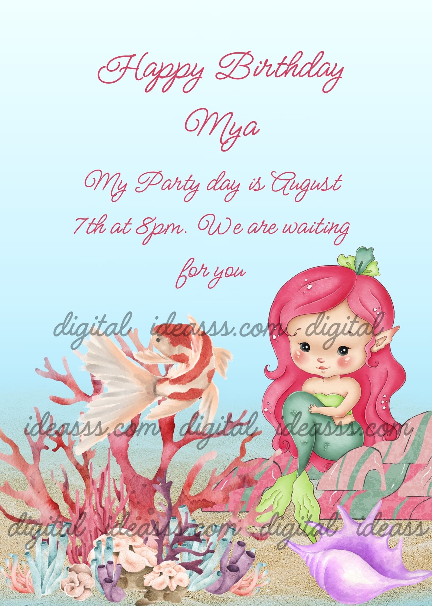 Little mermaid with pink-red hair and green tail sitting on a pink rock, white and red Japanese koi fish, red coral, lilac shell and sea sponges on sandy ocean floor — birthday card for girls aged 8 to 14