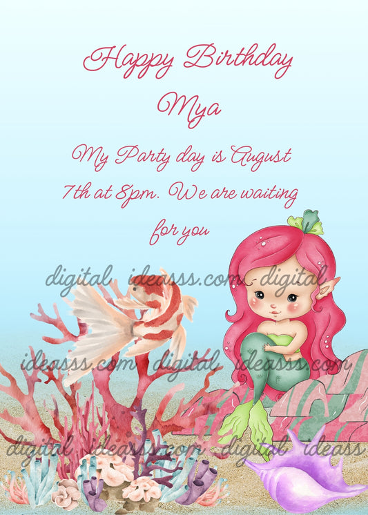 Little mermaid with pink-red hair and green tail sitting on a pink rock, white and red Japanese koi fish, red coral, lilac shell and sea sponges on sandy ocean floor — birthday card for girls aged 8 to 14