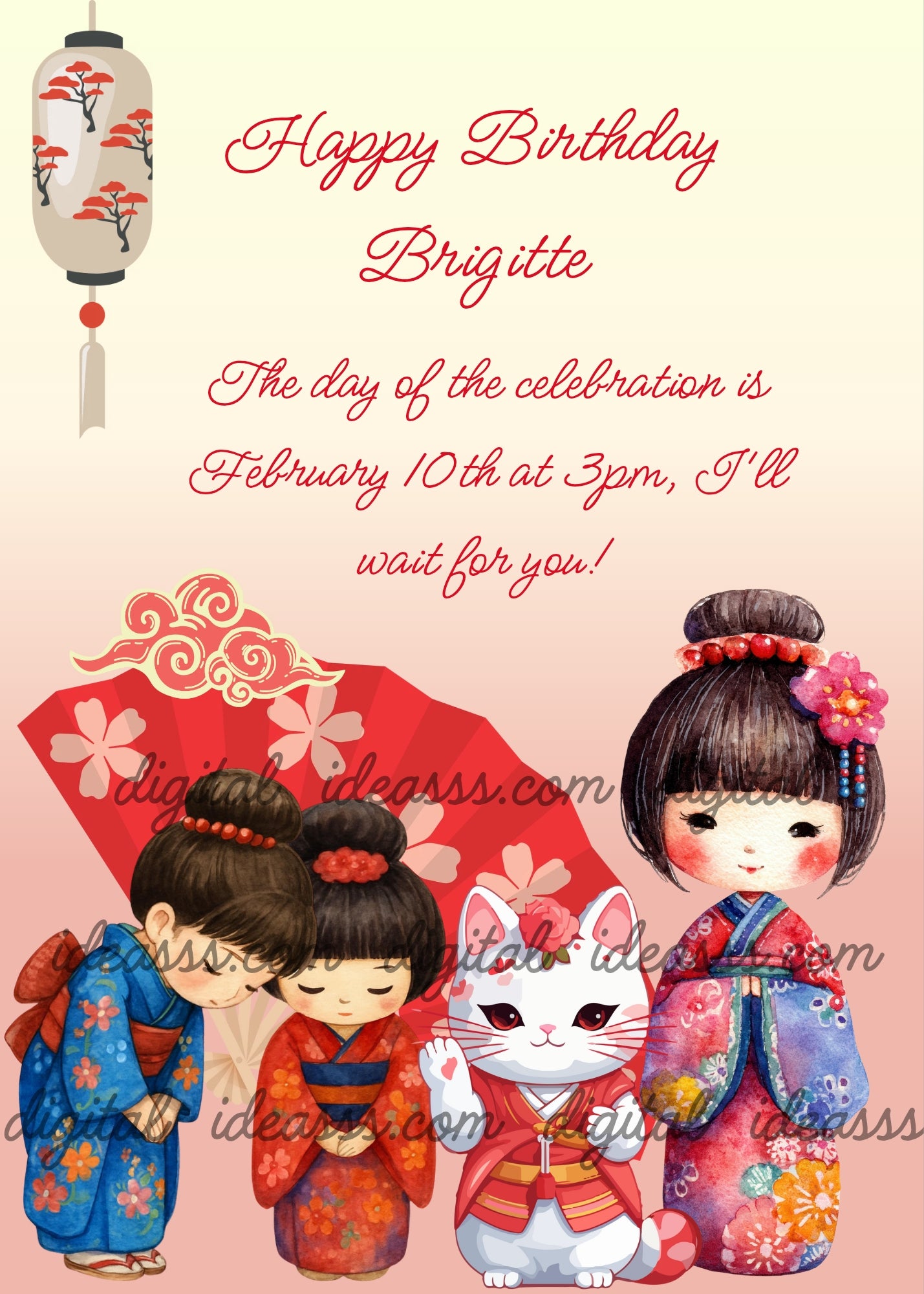 Three kokeshi dolls in colorful kimonos with a white lucky cat, a red fan with cherry blossoms and a Japanese lantern on a soft pink and cream background — birthday card for girls aged 10 to 14