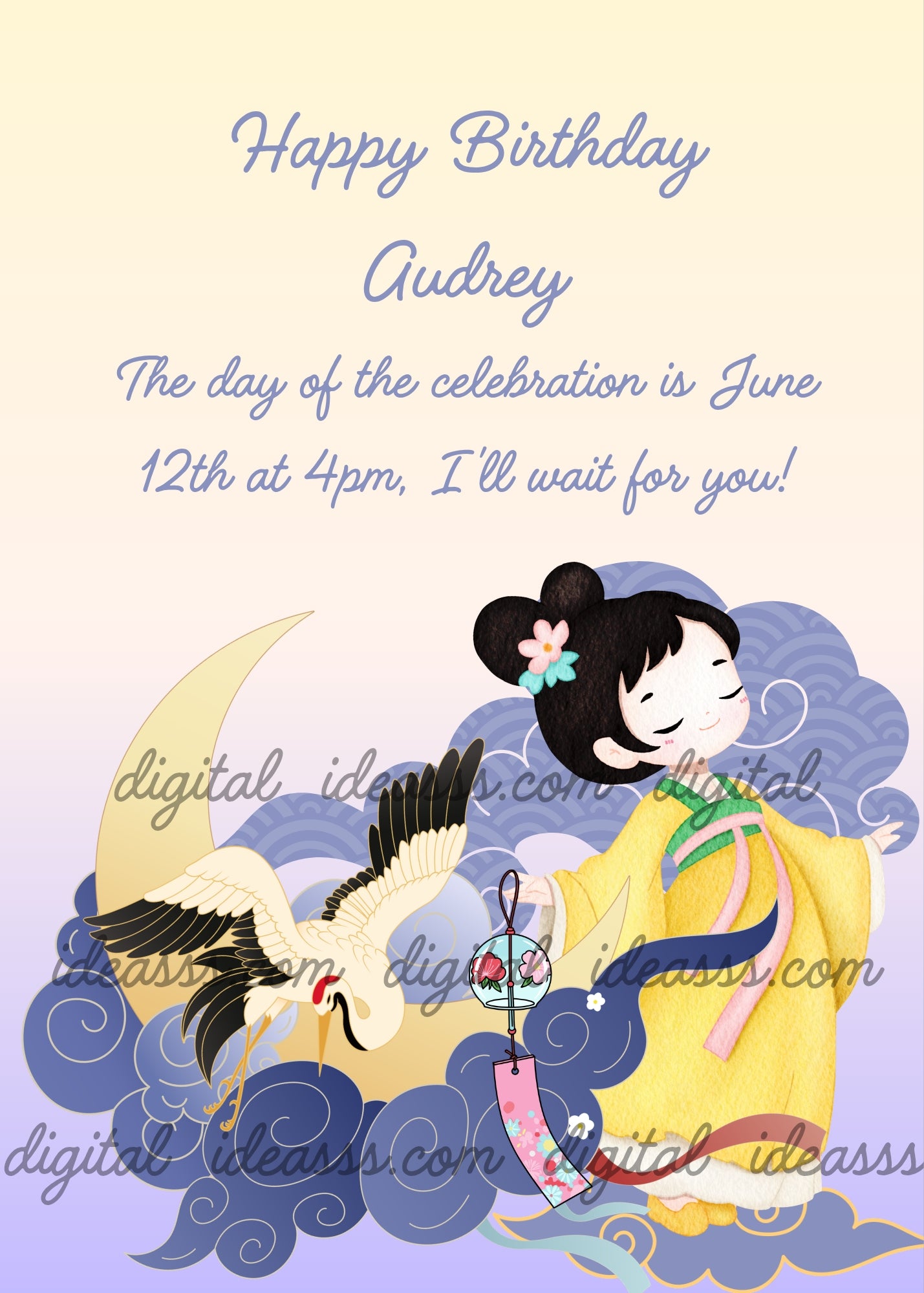 A cute Japanese girl in a yellow kimono with a flower in her hair, resting on blue clouds next to a crescent moon, with a white crane holding a decorative lantern — birthday card for girls aged 4 to 12