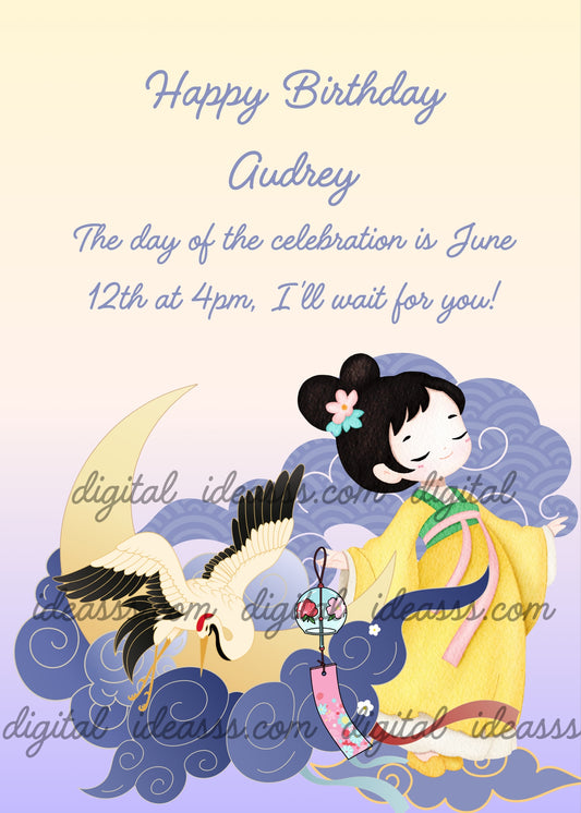 A cute Japanese girl in a yellow kimono with a flower in her hair, resting on blue clouds next to a crescent moon, with a white crane holding a decorative lantern — birthday card for girls aged 4 to 12