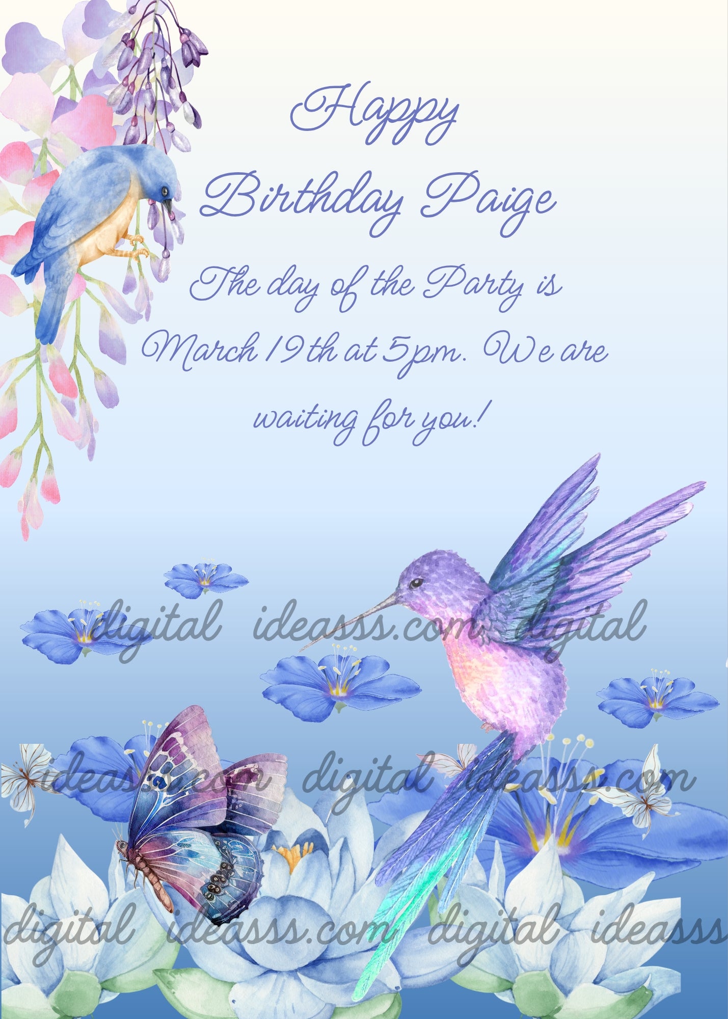  Hummingbird with purple and lilac feathers and long turquoise tail in flight at center, blue nightingale perched among pink and lilac wisteria in upper left corner, blue butterfly resting on white lotus flowers at the bottom, delicate blue flowers scattered throughout, soft blue gradient background fading to white — birthday card for girls aged 10 to 14