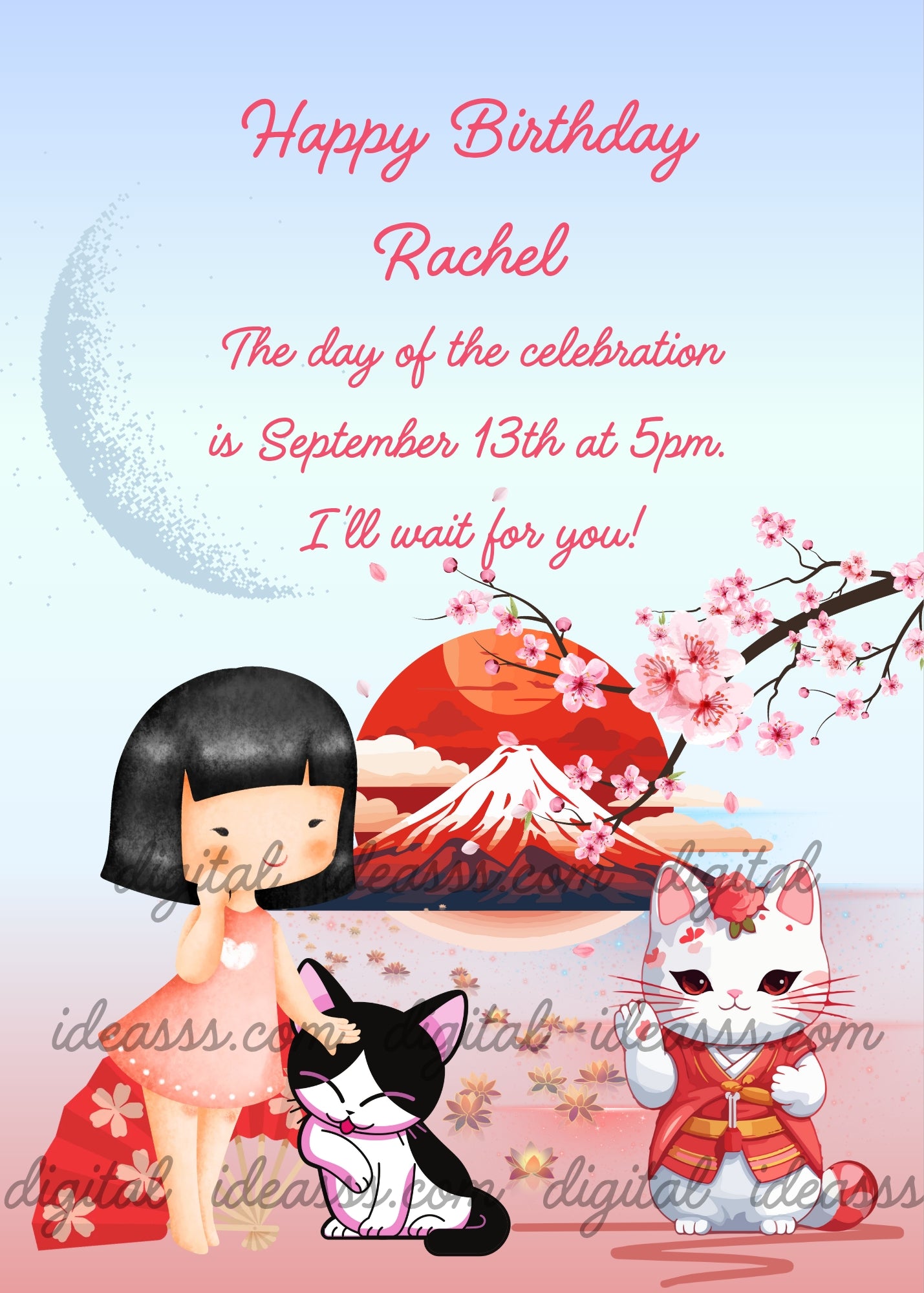  Little girl in pink dress petting a black and white kitten with a lucky cat in red kimono, cherry blossom branches and Mount Fuji with red sun on a soft blue and pink background — birthday card for children aged 8 to 14