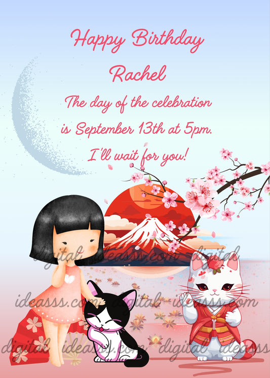  Little girl in pink dress petting a black and white kitten with a lucky cat in red kimono, cherry blossom branches and Mount Fuji with red sun on a soft blue and pink background — birthday card for children aged 8 to 14