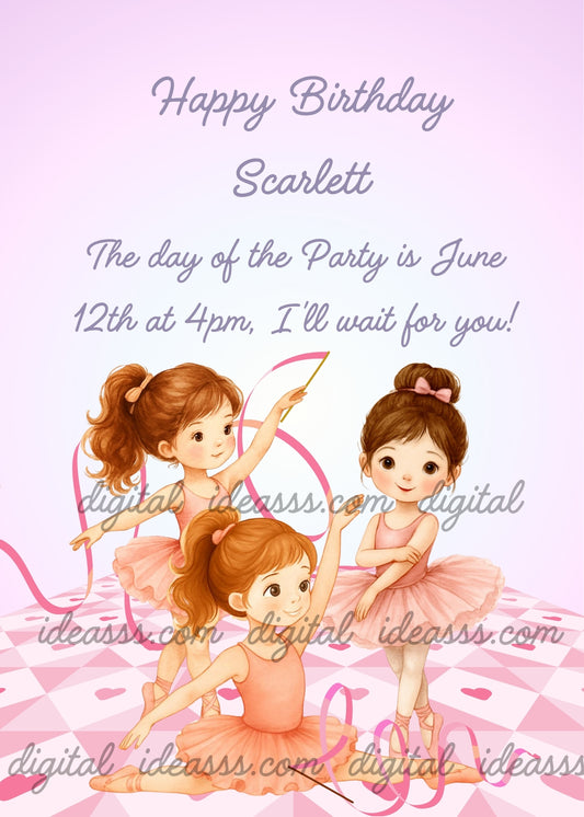 Three little ballerinas in soft pink and peach tutus dancing with ribbons on a playing card heart pattern floor on a delicate lilac background — birthday card for girls aged 3 to 10