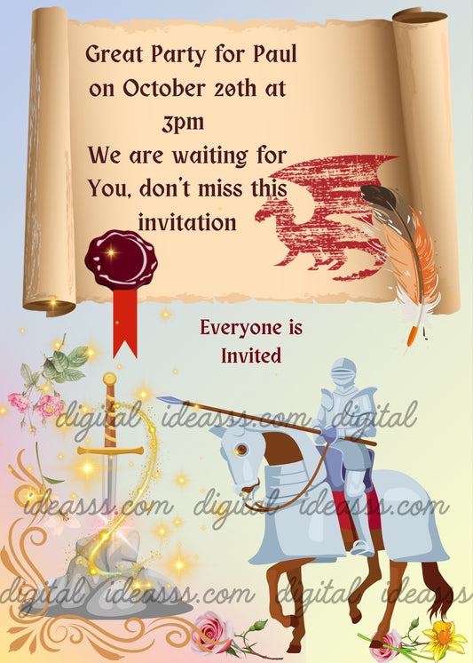 Knight in armor on horseback, parchment scroll with red wax seal and dragon, sword in the stone with magic sparks, colorful flowers on a pastel background — birthday card for boys aged 8 to 14.