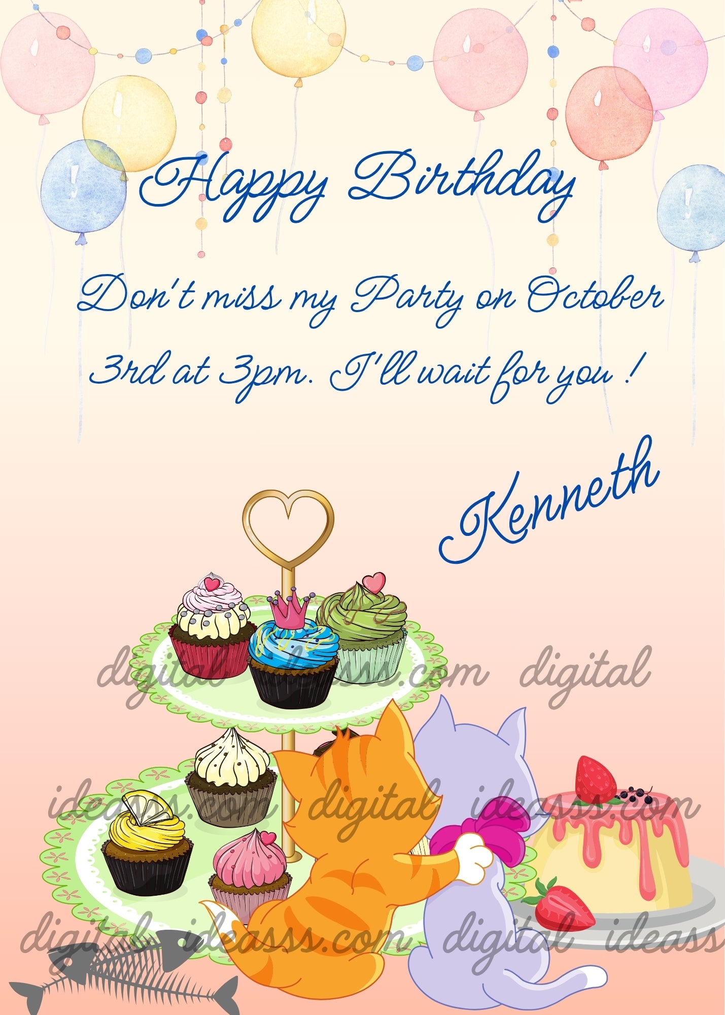 An orange kitten and a gray kitten looking at a tiered stand of colorful cupcakes with balloons and a strawberry cake — printable birthday card for kids 1-12