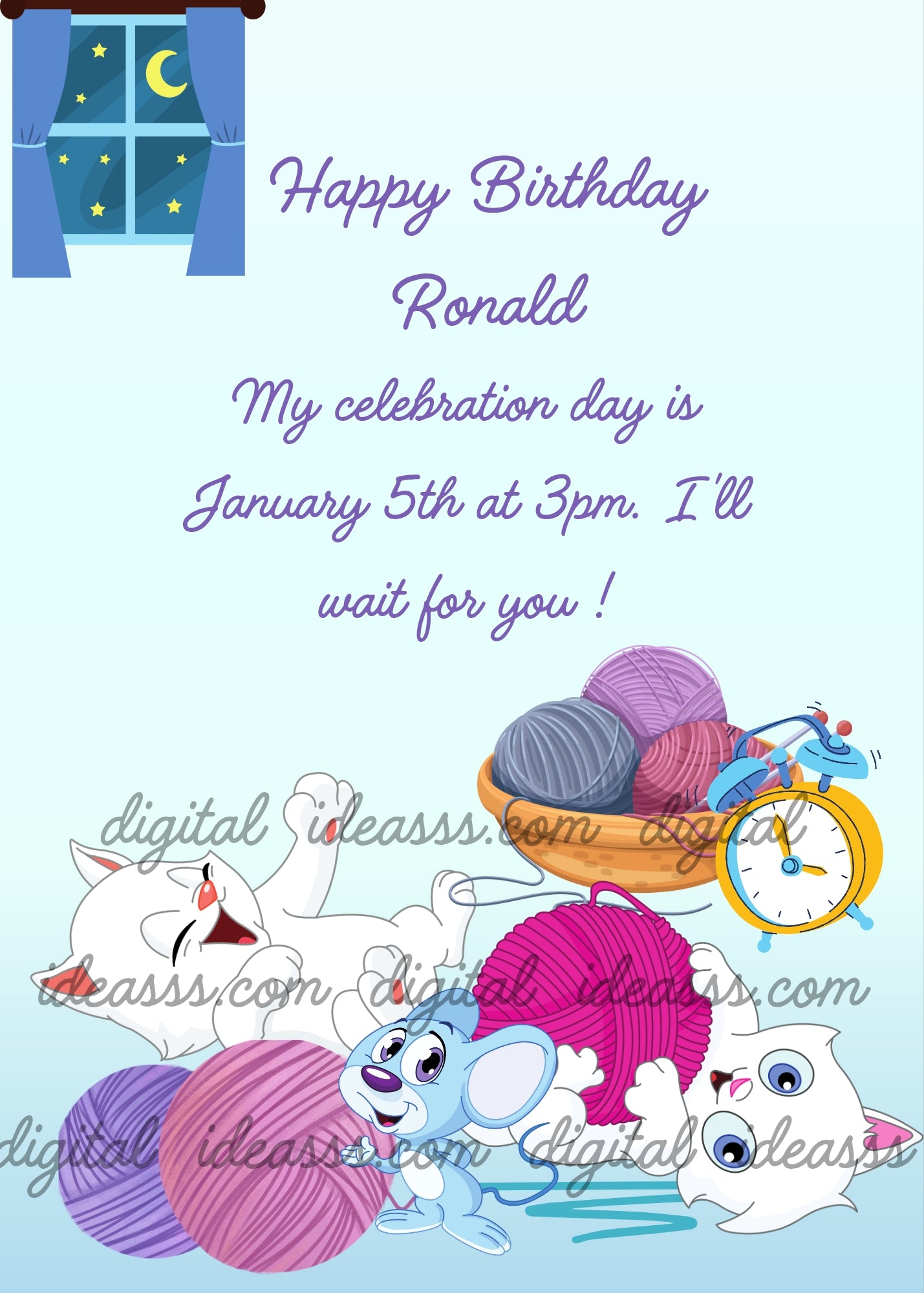 Two white kittens play with colorful yarn balls at night while a blue mouse watches, with moon stars and alarm clock - printable birthday card for kids 1-10