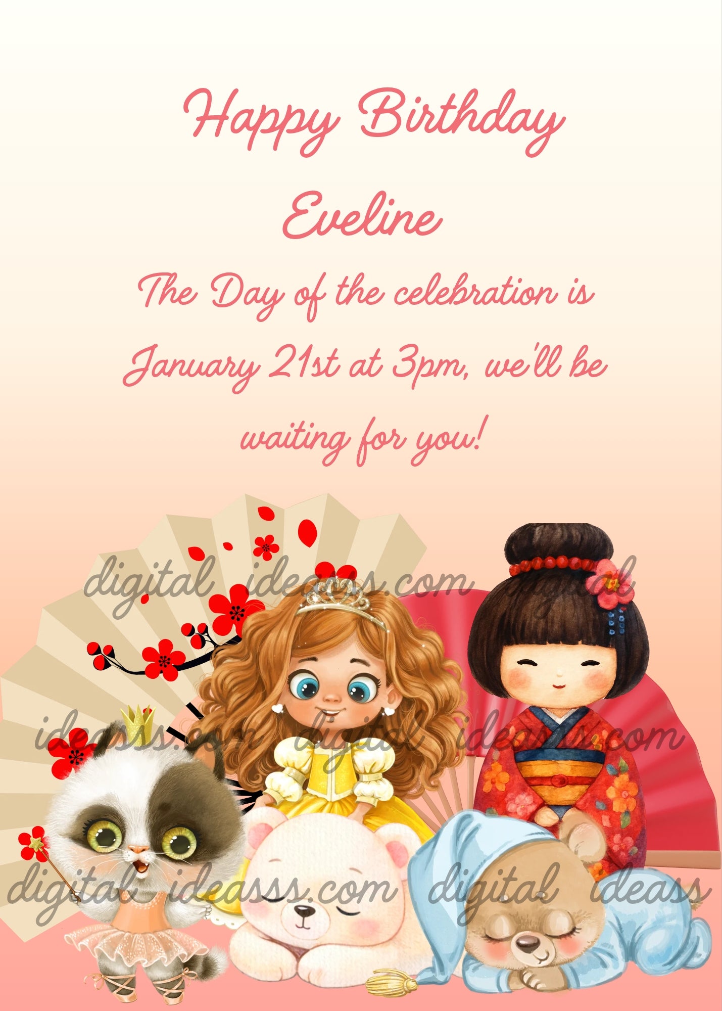  Kokeshi doll in red kimono, princess doll with tiara and yellow dress, panda cat with crown, white teddy bear and sleeping teddy bear in blue pajamas, with beige and red fans on a soft pink gradient background — birthday card for girls aged 5 to 12