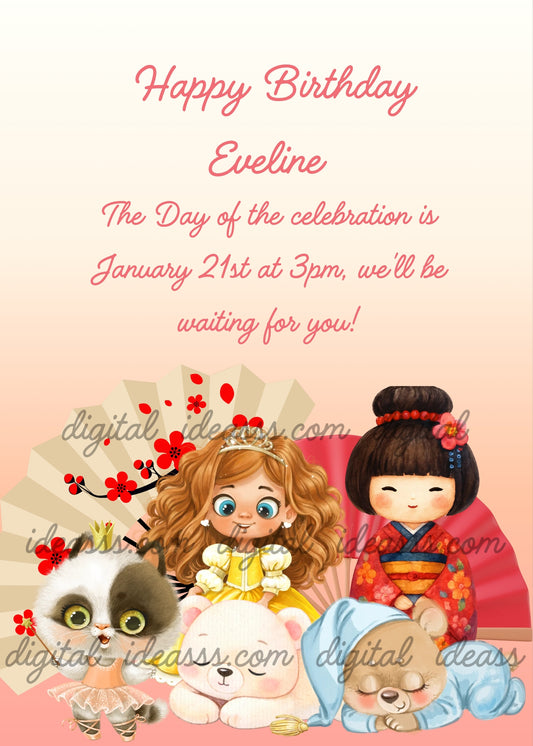  Kokeshi doll in red kimono, princess doll with tiara and yellow dress, panda cat with crown, white teddy bear and sleeping teddy bear in blue pajamas, with beige and red fans on a soft pink gradient background — birthday card for girls aged 5 to 12