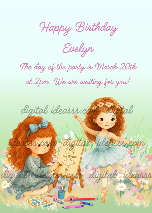  A red-haired girl drawing a ballerina on an easel while her curly red-haired friend dances in a blue tutu with a flower crown, in a spring meadow with daisies on a soft mint green background — birthday card for girls 3-10