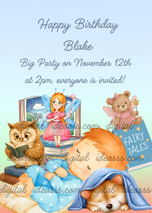 A kawaii child in blue polka-dot pajama sleeping peacefully leaning on his little dog also asleep under a blue blanket, surrounded by a pink fairy with blue wings holding a lollipop magic wand emerging from an open storybook, a wise owl with glasses reading a book, and a sweet pink teddy bear with a magic wand beside a Fairy Tales book, on a soft pastel blue green and pink background — birthday card for children aged 1 to 9