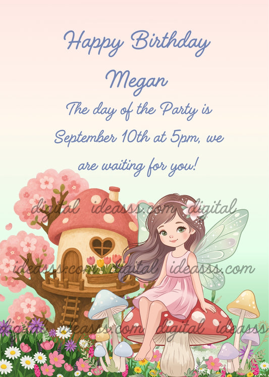  Fairy with long dark hair and transparent wings sitting on a red mushroom, magical mushroom house on a tree trunk with heart-shaped window and wooden ladder, pink cherry blossom tree, colorful mushrooms in red yellow and blue, wildflowers daisies violets and pink blooms in the foreground, soft pink and mint green background — birthday card for girls aged 6 to 12