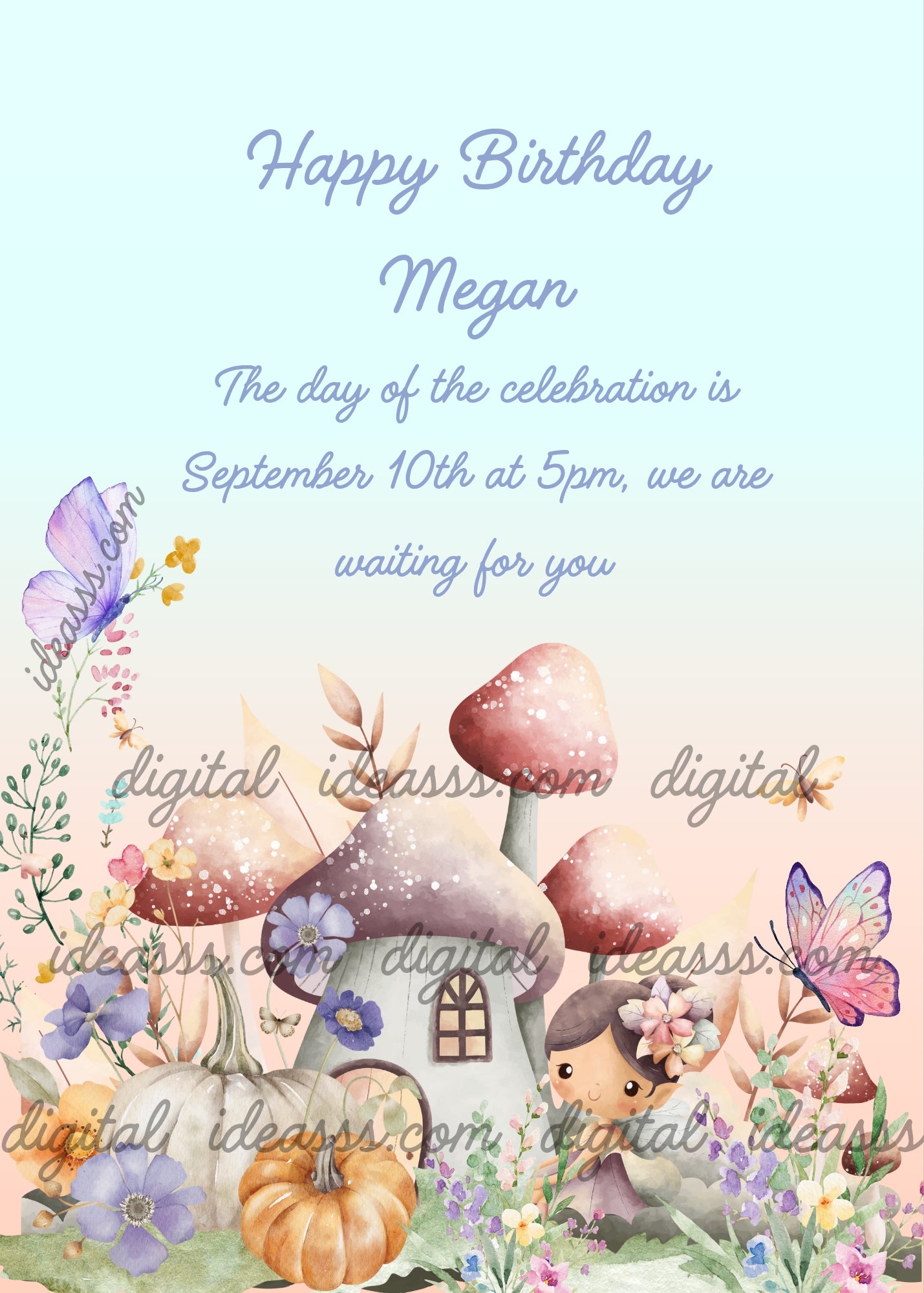 A cute fairy with flower hair beside a magical mushroom house with pumpkins purple flowers and colorful butterflies on a soft blue peach pastel background — printable birthday card for girls ages 6 to 12