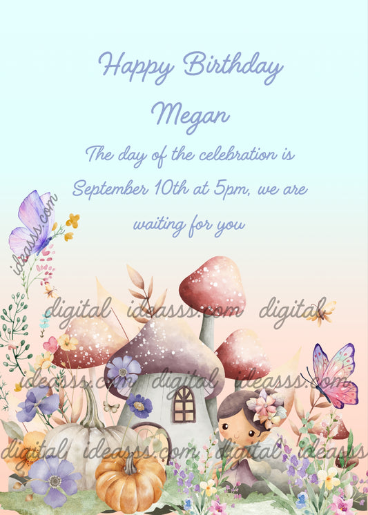  A cute fairy with flower hair beside a magical mushroom house with pumpkins purple flowers and colorful butterflies on a soft blue peach pastel background — printable birthday card for girls ages 6 to 12