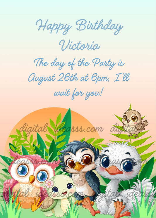 Cute kawaii jungle birds with a pink owl, baby turtle, blue owl, fluffy white ostrich and a small brown bird on a branch, surrounded by tropical green leaves and an orange sun on a pastel gradient background — birthday card for children aged 1 to 9 