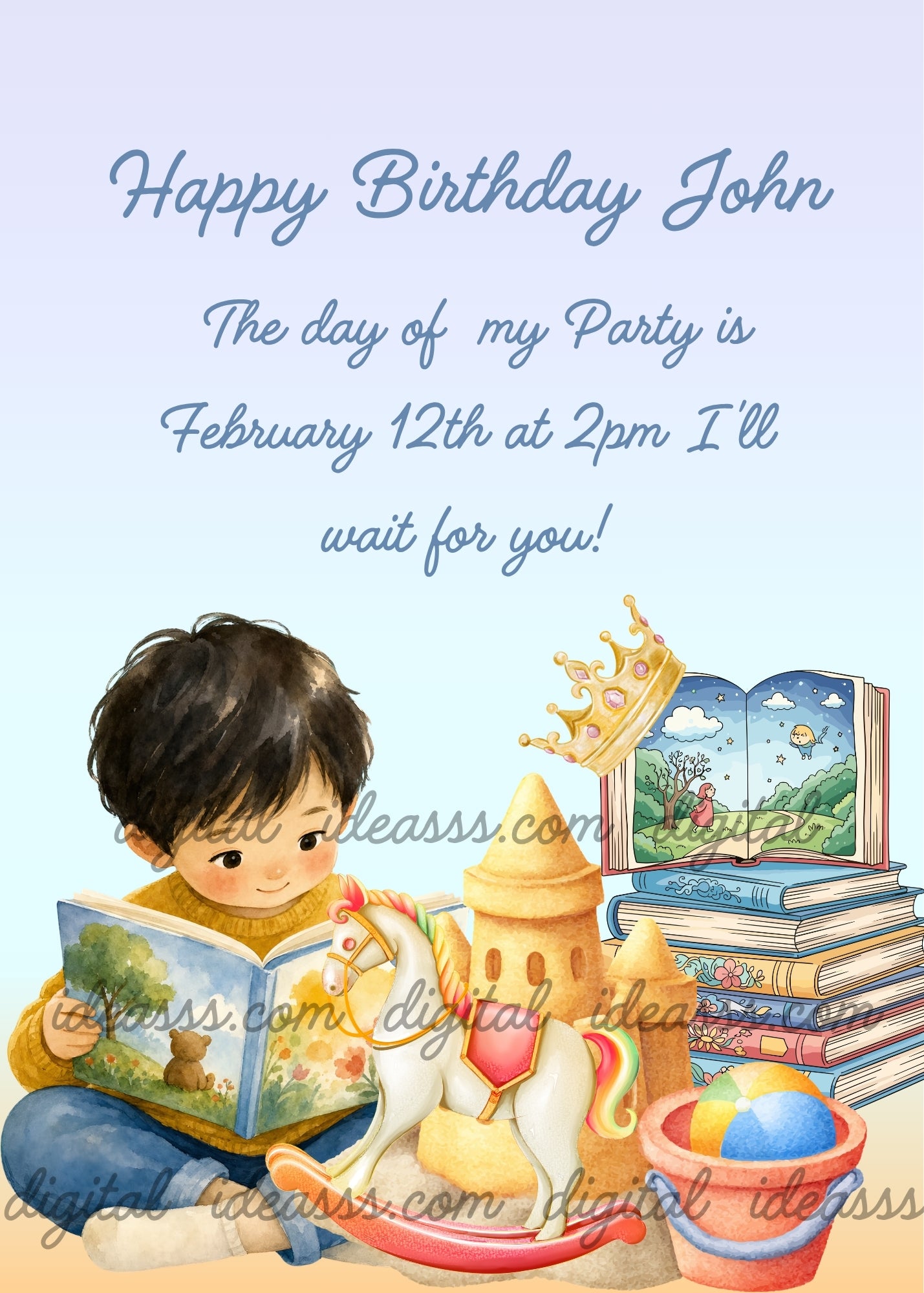 Kawaii little boy with dark hair sitting reading a fairytale book, small white rocking horse with pink saddle, golden sand castle with tower, golden crown with pink gems, stack of colorful fairytale books with one open showing a magical night scene, pink bucket with colorful ball, on a soft blue gradient background — birthday card for boys aged 1 to 8