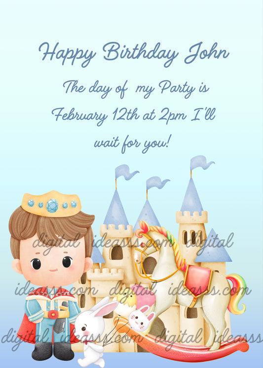 Cute little king with golden crown, beige castle with blue flags, rocking horse, white bunnies on a light blue background — birthday card for boys aged 1 to 8