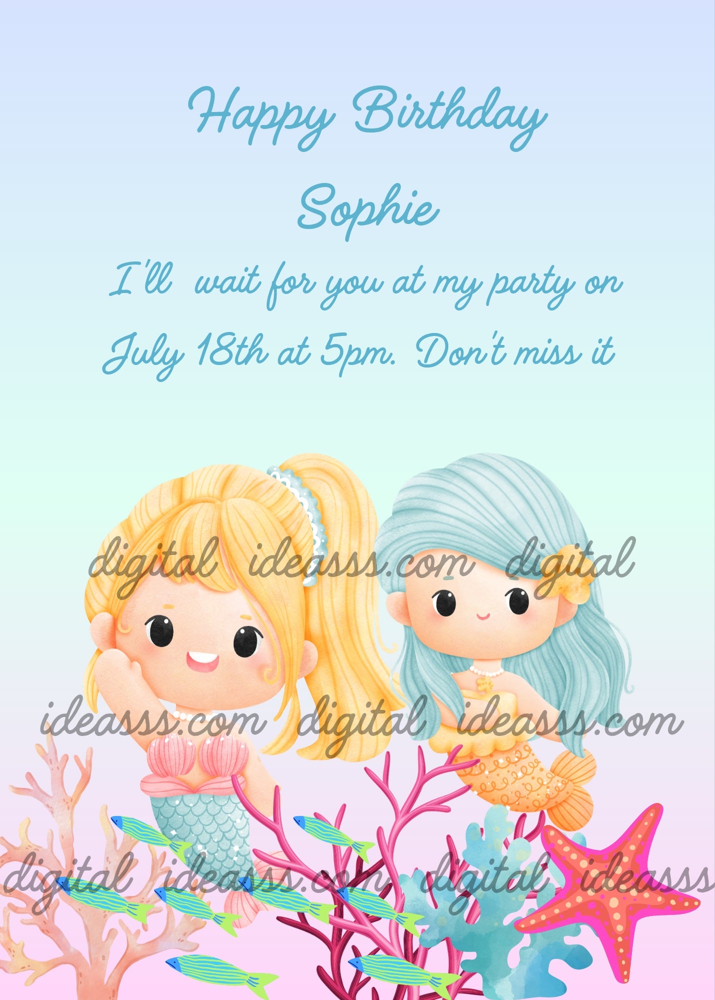 Two cute little mermaids, one blonde with blue tail and one with light blue hair and orange tail, red and pink corals, turquoise seaweed, blue fish and pink starfish — birthday card for children aged 1 to 9