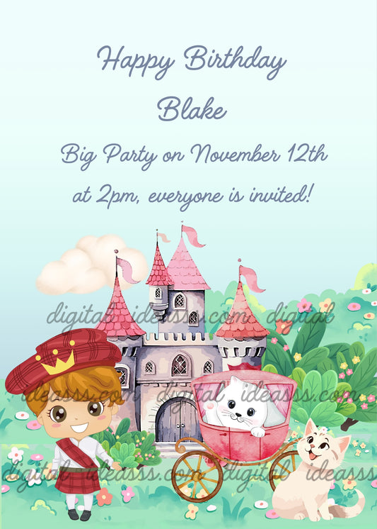 A cute kawaii boy with a red Scottish tartan hat and golden crown, a white cat in a pink carriage, and a white kitten, in front of a pink castle with towers, surrounded by green trees and colorful spring flowers on a light blue background — printable birthday card for children ages 1 to 9