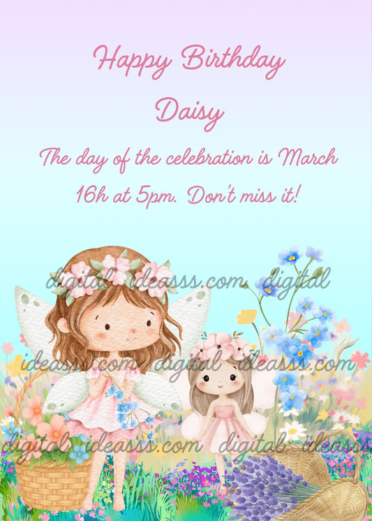  A big fairy with a pink flower crown carrying a basket and a little fairy beside her among blue flowers lavender and daisies on a soft pink blue pastel background — printable birthday card for girls ages 5 to 12