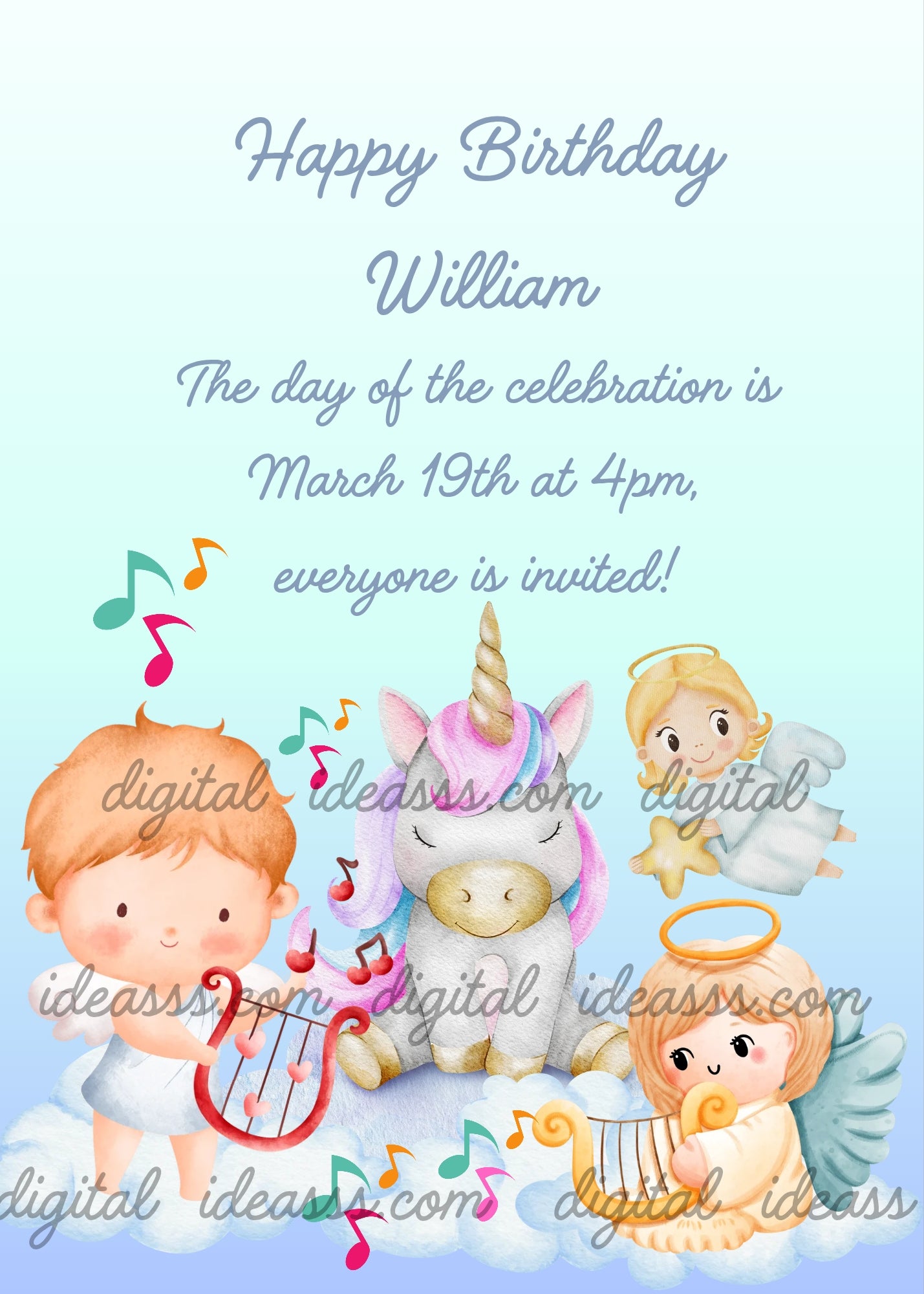 Cute kawaii baby boy playing a red lyre, a white unicorn with rainbow mane sitting on clouds, and two little angels with harps surrounded by colorful musical notes on a light blue gradient background — birthday card for children aged 1 to 9