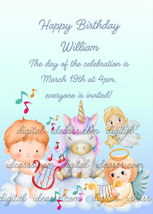 Cute kawaii baby boy playing a red lyre, a white unicorn with rainbow mane sitting on clouds, and two little angels with harps surrounded by colorful musical notes on a light blue gradient background — birthday card for children aged 1 to 9