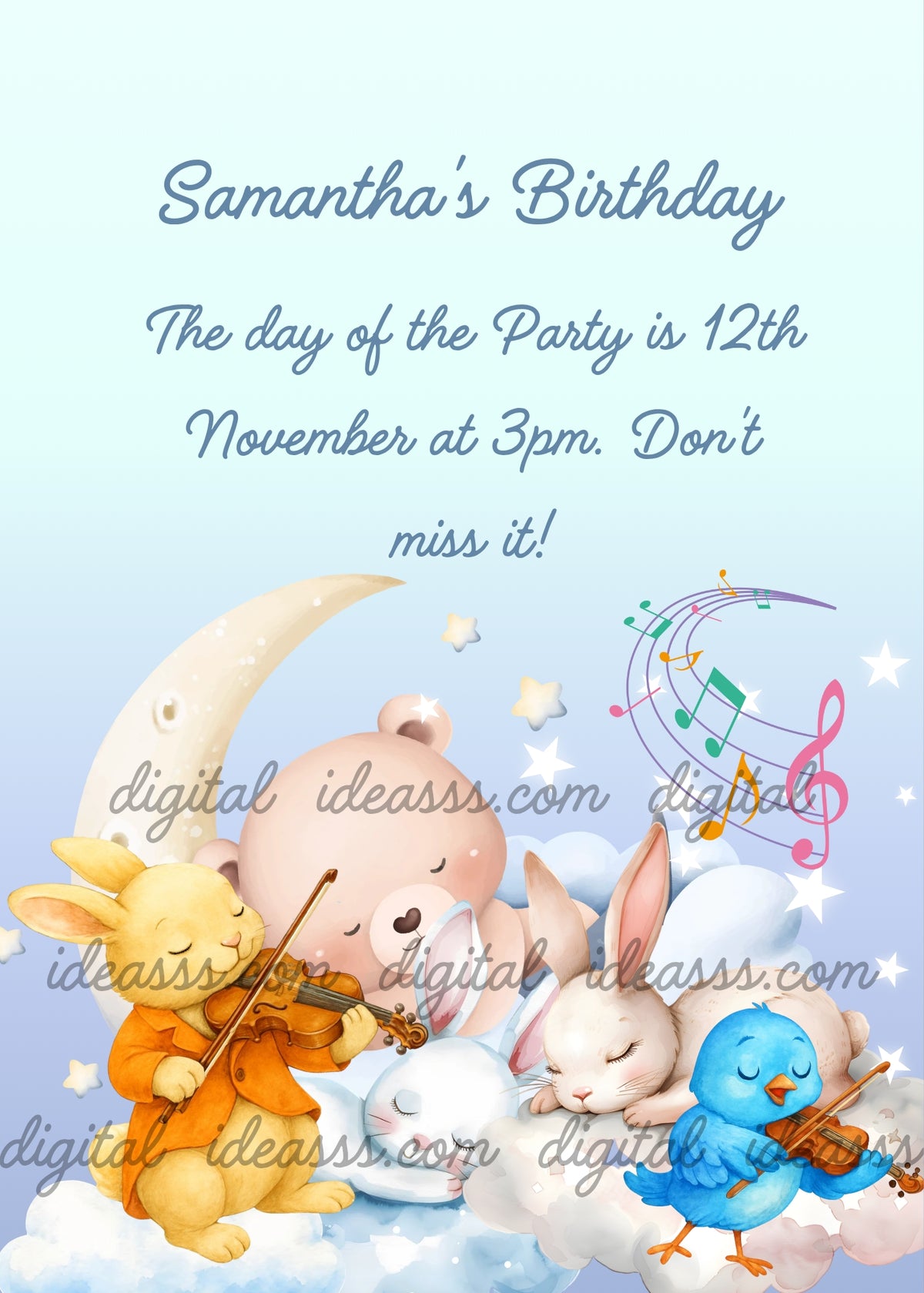 Golden bunny in orange jacket playing violin, sleepy bear and two white bunnies resting on clouds, blue bird playing violin, glowing crescent moon and white stars, soft light blue background — birthday card for children aged 1 to 8