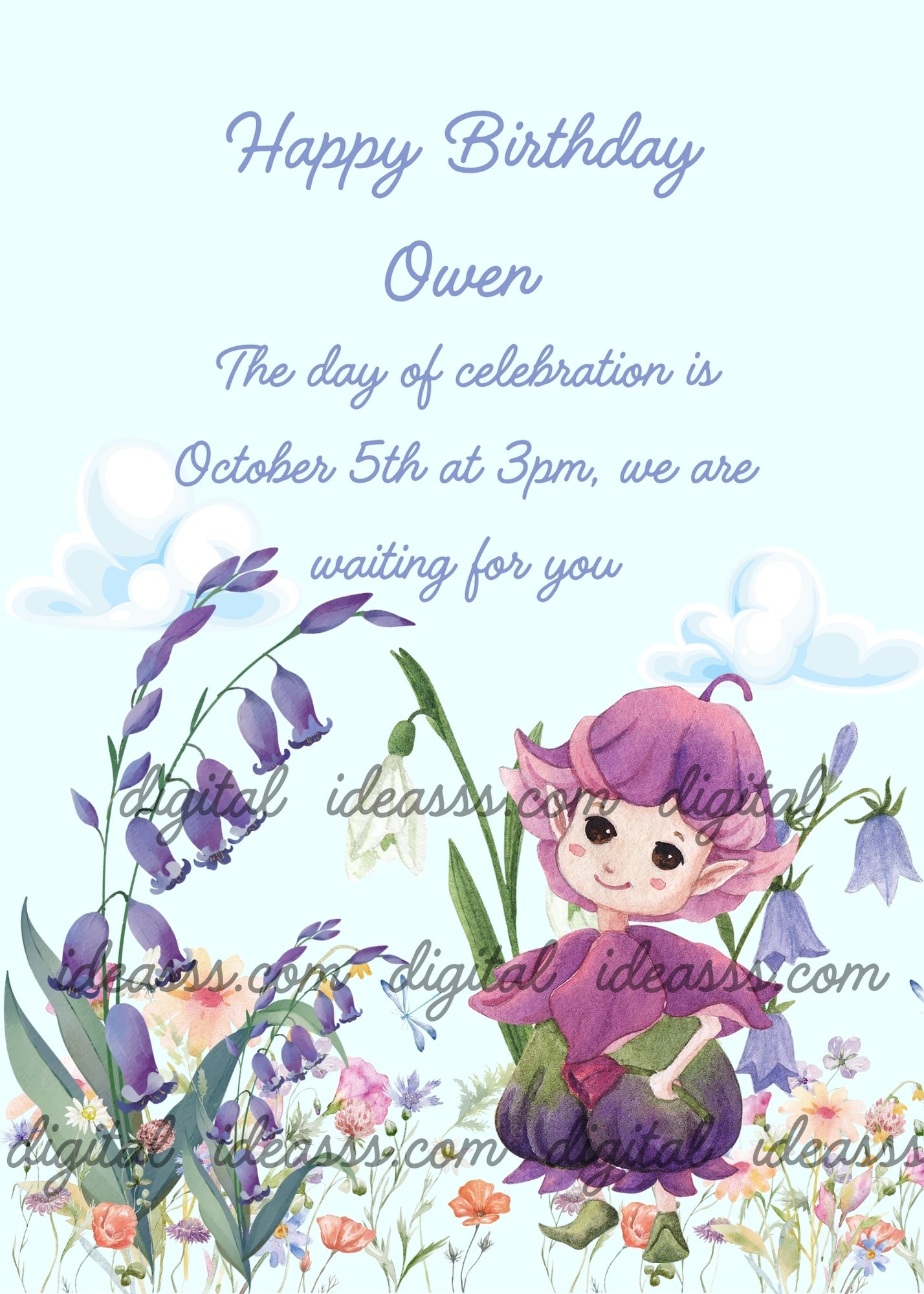 Cute purple elf sitting among blue bluebell flowers and colorful wildflowers with white clouds on a soft light blue background — birthday card for children aged 8 to 12