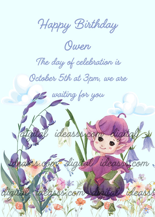 Cute purple elf sitting among blue bluebell flowers and colorful wildflowers with white clouds on a soft light blue background — birthday card for children aged 8 to 12