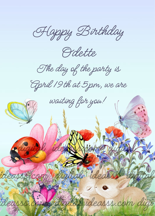 Wildflower meadow with red ladybug on pink flower, yellow and black butterfly, pink and lilac butterflies, two cuddling bunnies, red poppies and blue cornflowers, soft aqua background — birthday card for girls aged 10 to 14