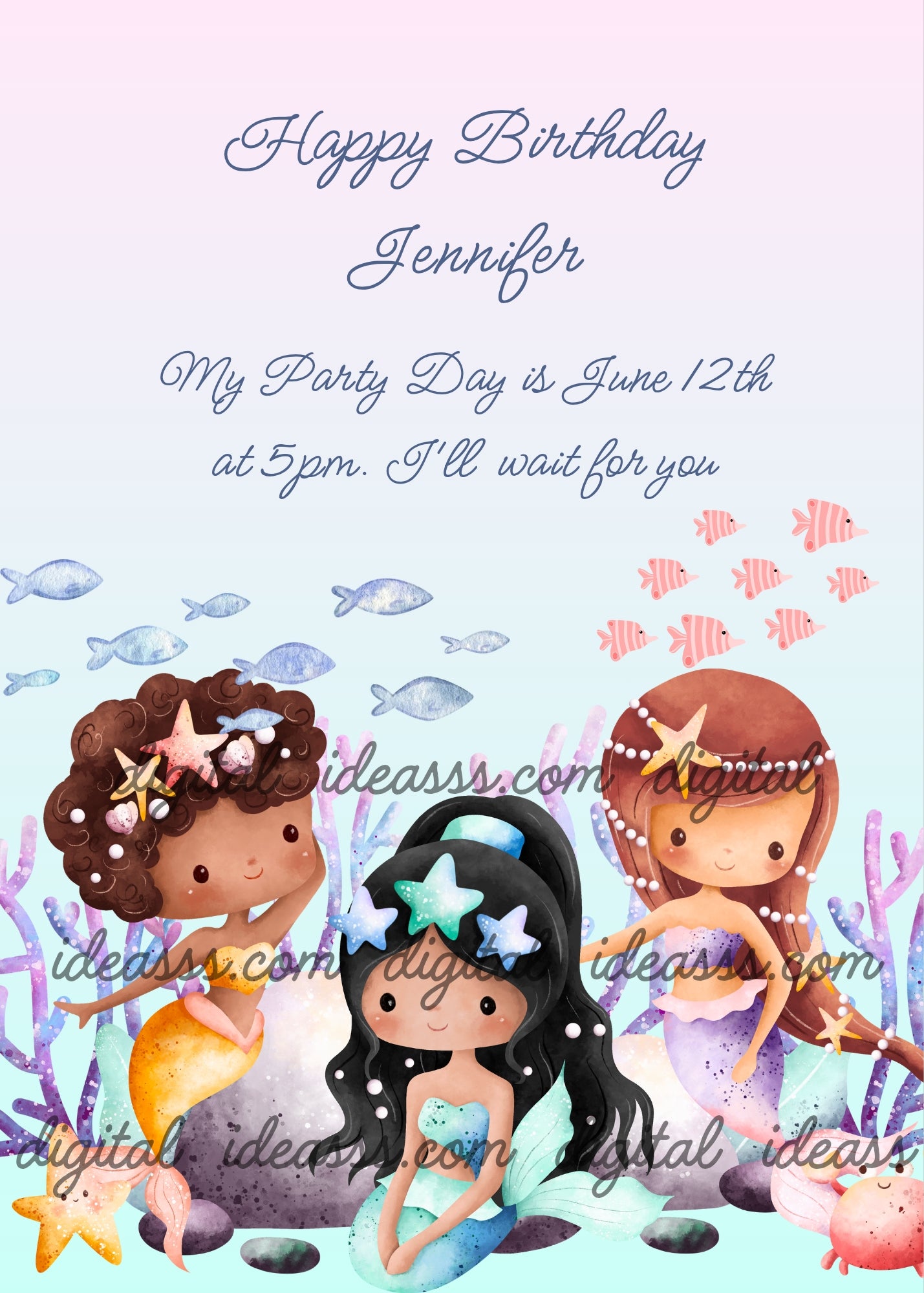  Three cute little mermaids with black, curly brown and brown hair, turquoise, golden and lilac tails, purple corals, grey and pink fish, yellow starfish and a crab — birthday card for girls aged 5 to 12