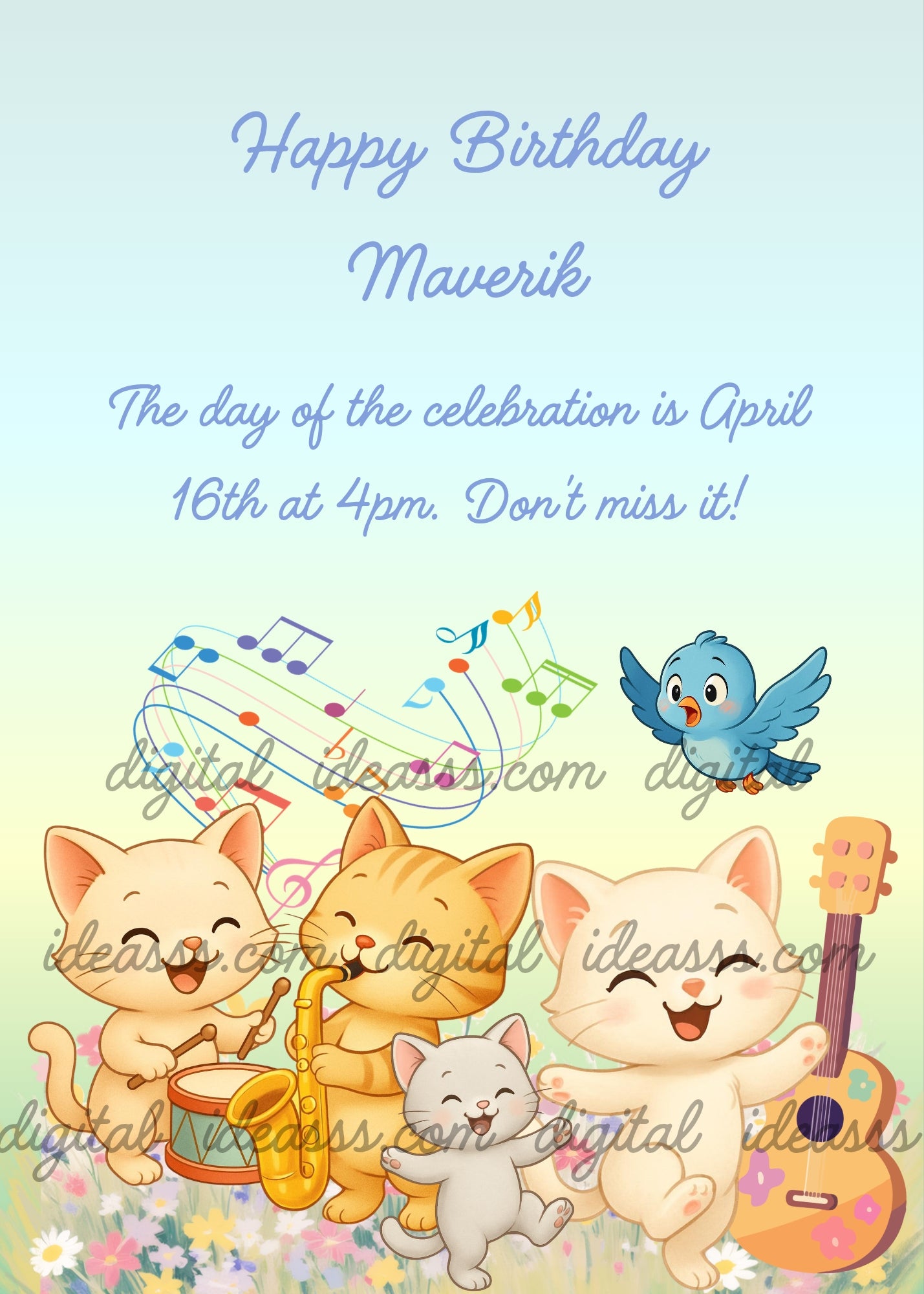  Four cute kawaii kittens playing drum, saxophone and guitar with a little blue bird singing and colorful music notes on a soft blue and mint green background — birthday card for children 1-9