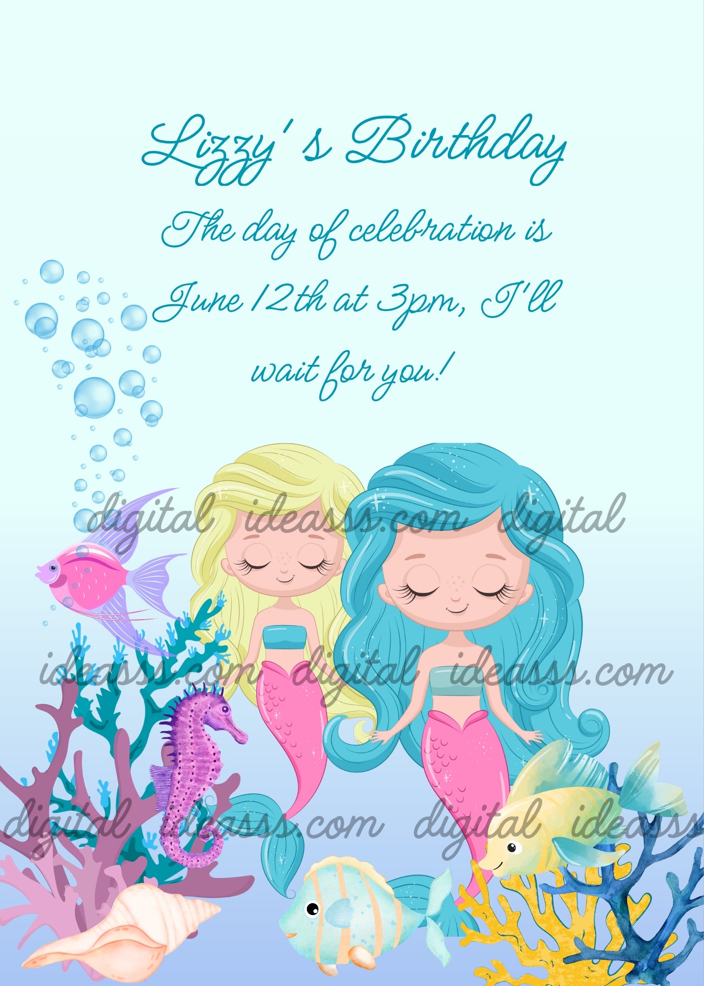 Two cute mermaid sisters with blonde and turquoise hair and pink tails, purple seahorse, colorful corals, pink and yellow fish and blue bubbles on light blue background — birthday card for girls aged 3 to 10